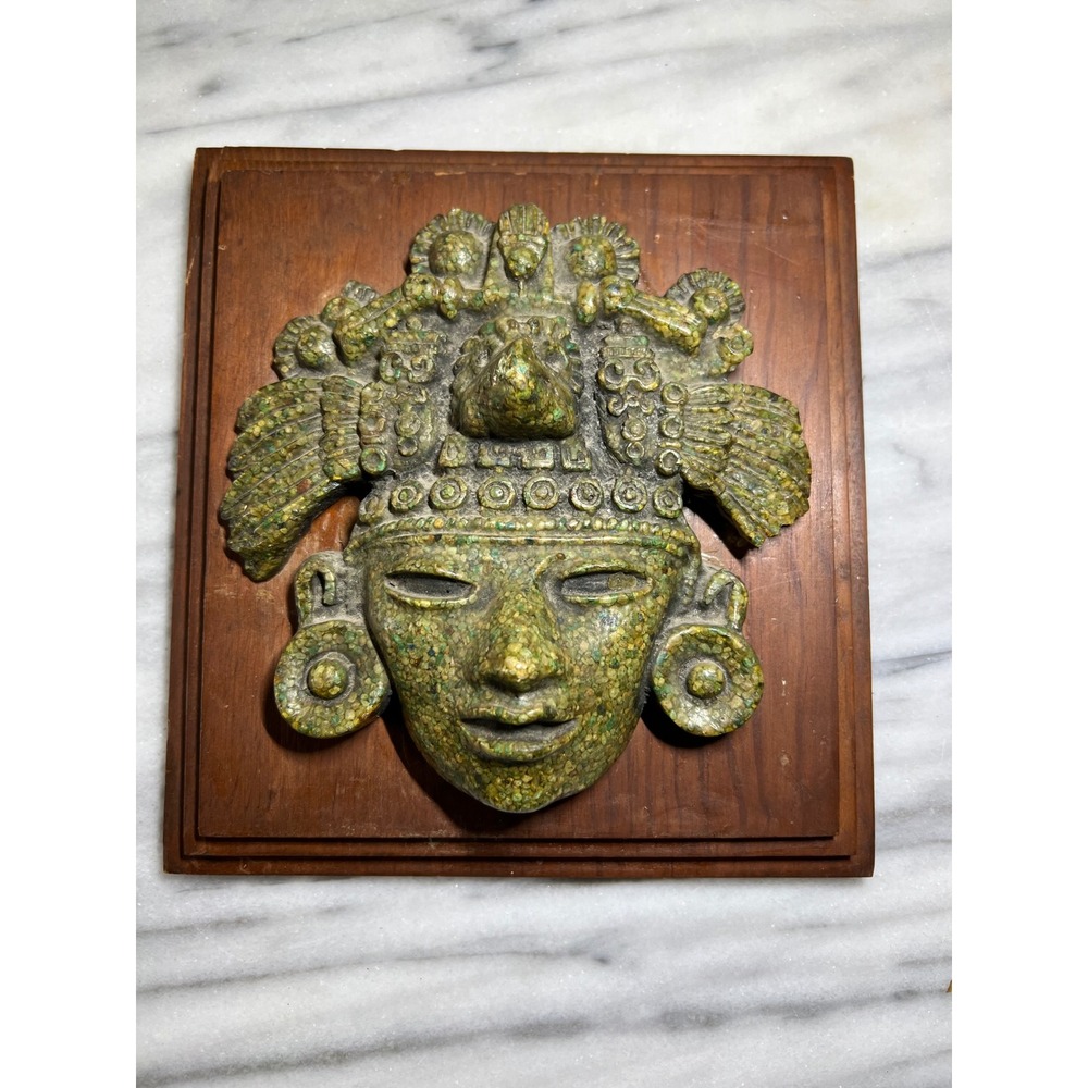 VTG Zarebski Mexico Mayan Aztec Mask Wall Plaque Green Malachite Stone